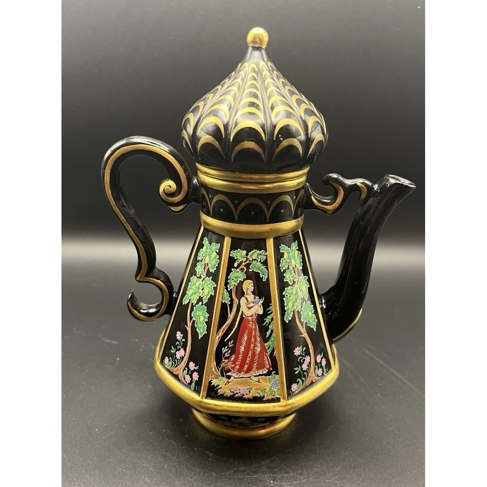 VTG Franklin Mint Teapot Inspired By Russian Lacquer Art black‎ 22kt gold accent